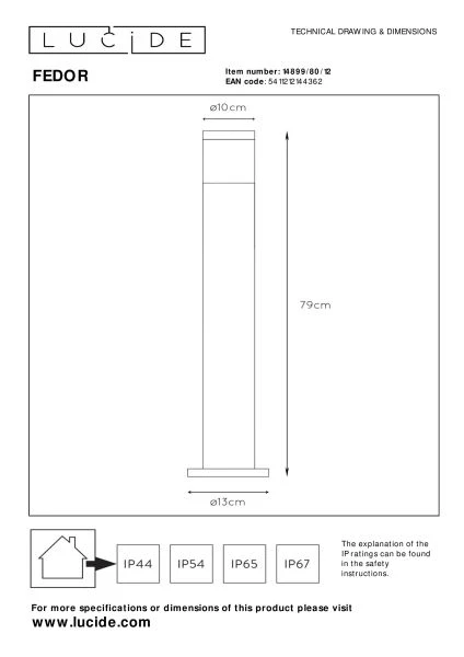 Lucide FEDOR - Bollard light - 1xE27 - IP44 - Satin Chrome - technical